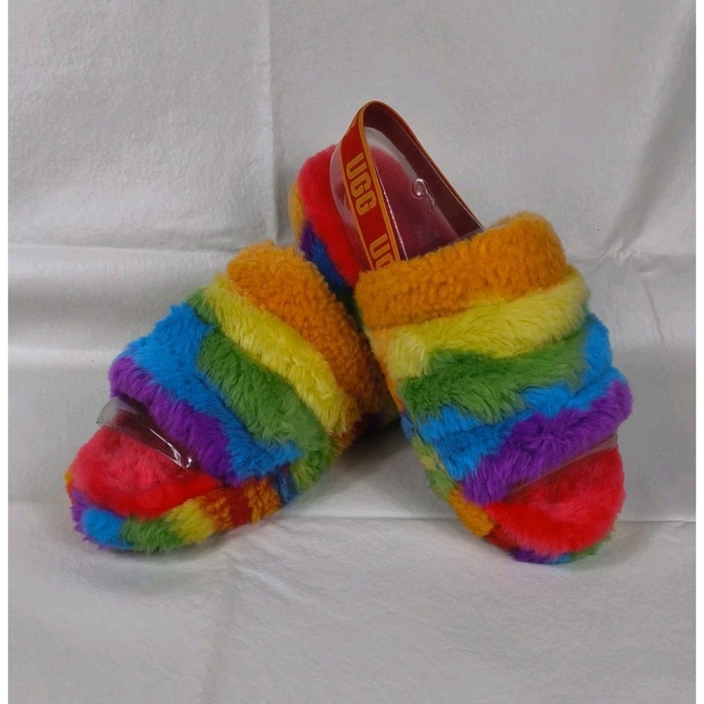 UGG Fluff Yeah Cali Collage Rainbow Slides Faux Fur Slingback Slippers Sz 6